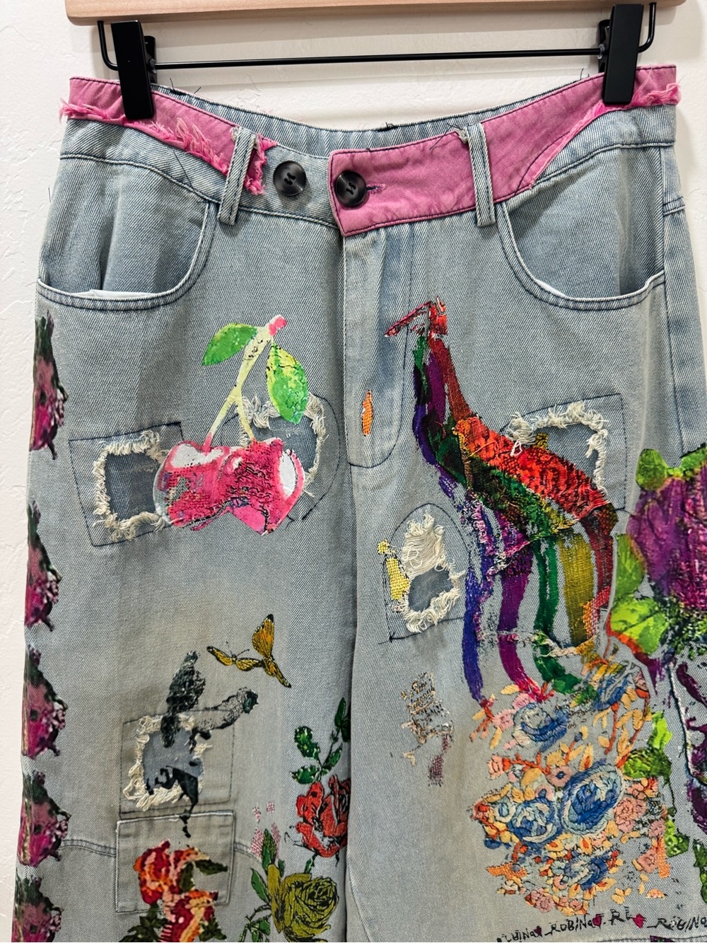 Hippie Indie Folk Art to Wear Festival Graffiti Floral Drop Crotch Jeans Medium - Picture 3 of 14